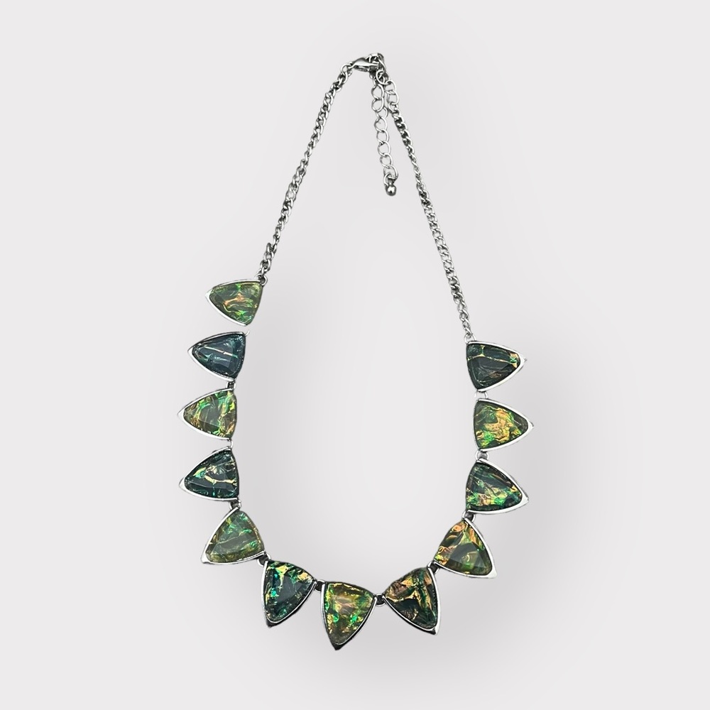 Green Teal Iridescent Triangle Silver Chain Necklace - Boho Hippie Indie